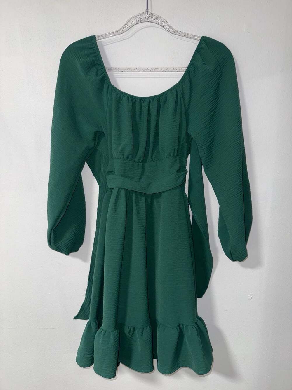 Dokotoo Deep Green Square Neck Long Sleeve Ruffle Hem Open Back Tie Dress